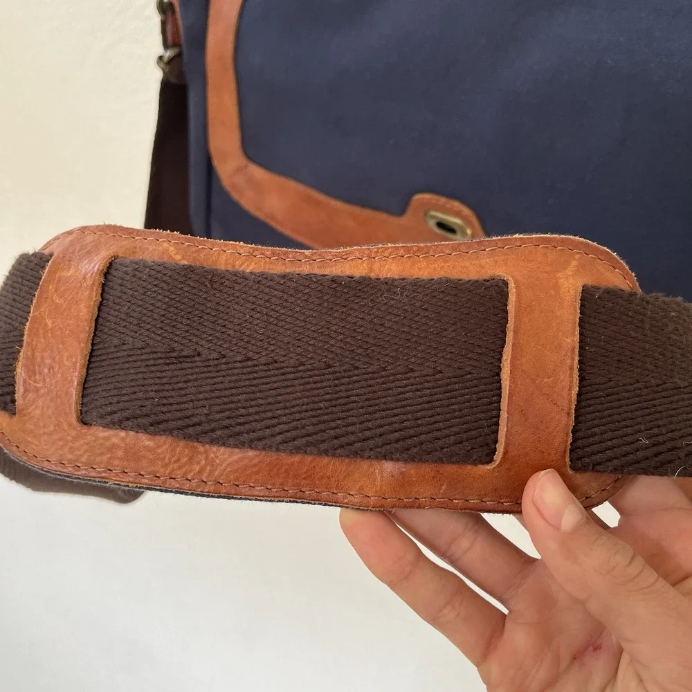 Mens Will Leather Goods Dennis Messenger Bag Navy Canvas Tan Leather One Size